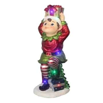 Pixie Elf Holding Gift on Head Resin Statue