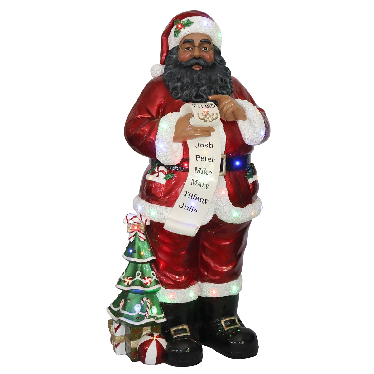 African American Santa Wearing Glasses Holding Gift Scroll Resin Statue