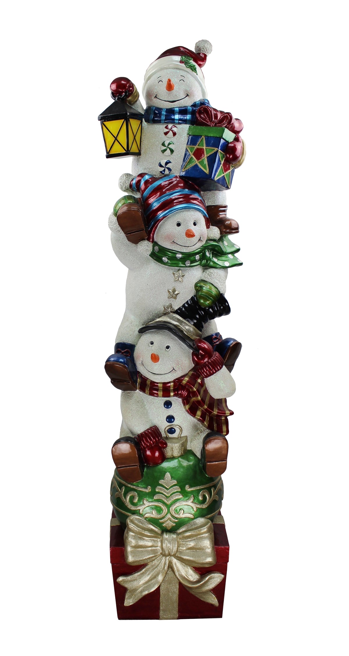 Stacking Snowmen on Gift Box Resin Statue