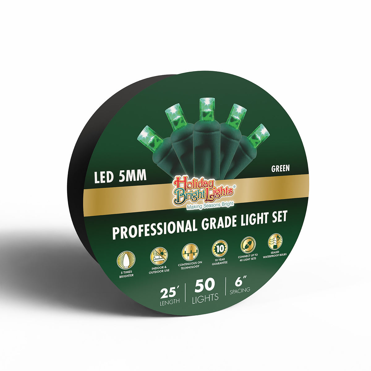 5MM Concave 50L Lights - 6" Spacing - Green Cord (Reel)