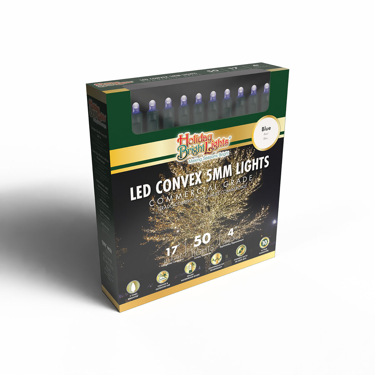 5MM Convex 50L Lights - 4" Spacing - Green Cord (Retail Box)