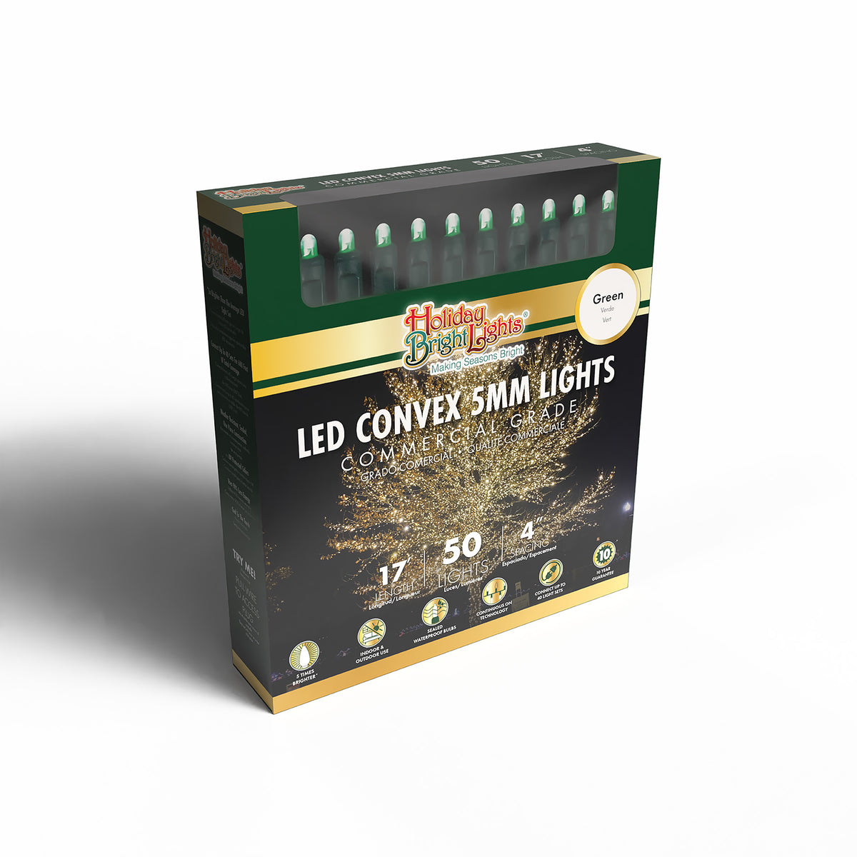 5MM Convex 50L Lights - 4" Spacing - Green Cord (Retail Box)