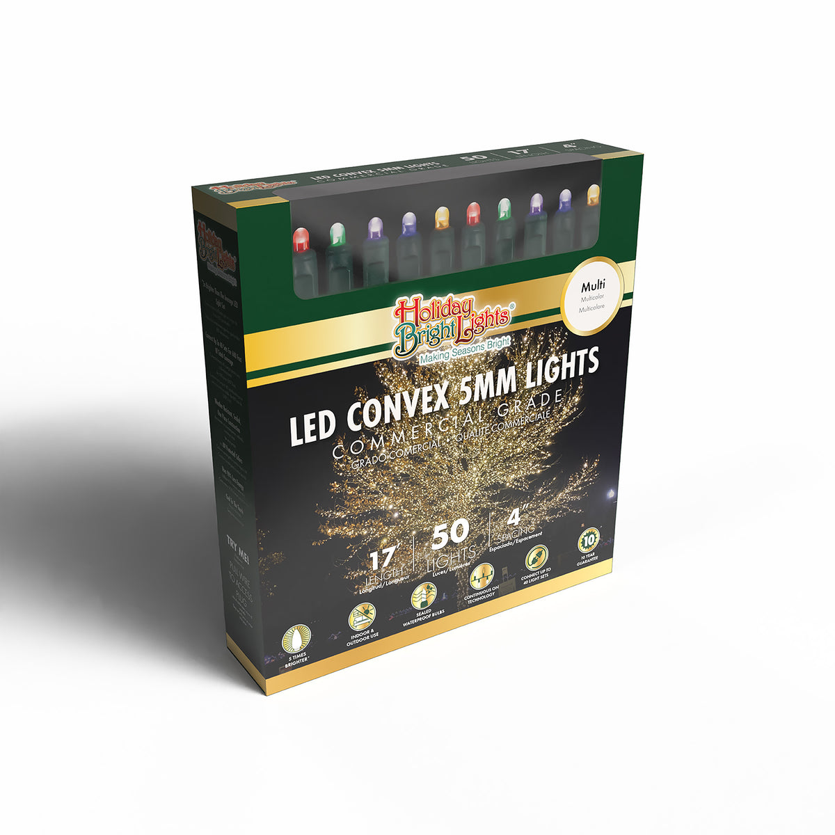5MM Convex 50L Lights - 4" Spacing - Green Cord (Retail Box)