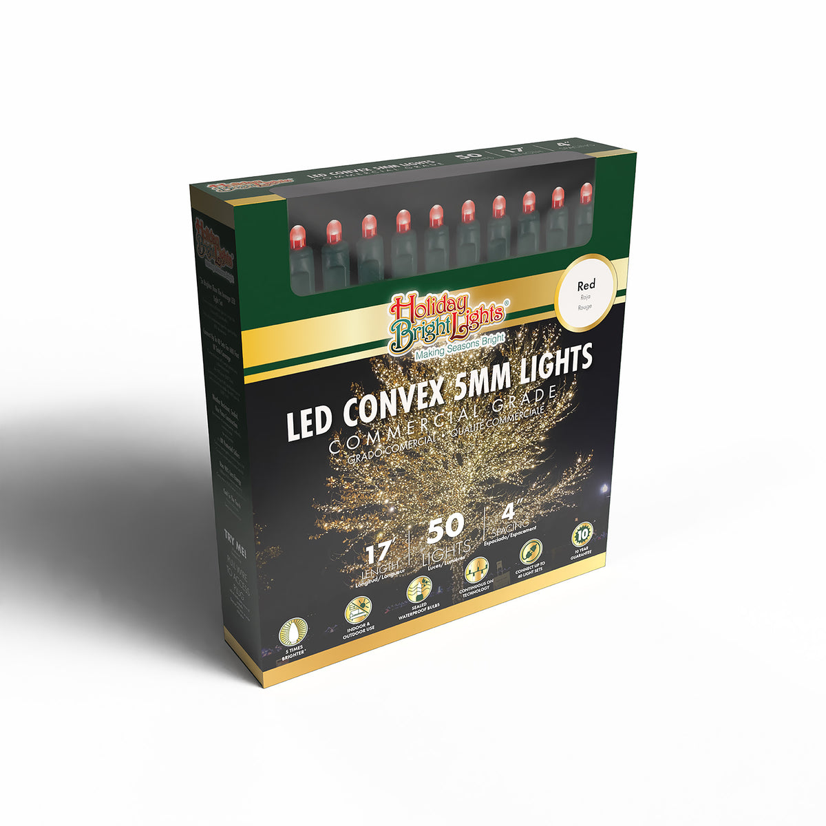 5MM Convex 50L Lights - 4" Spacing - Green Cord (Retail Box)