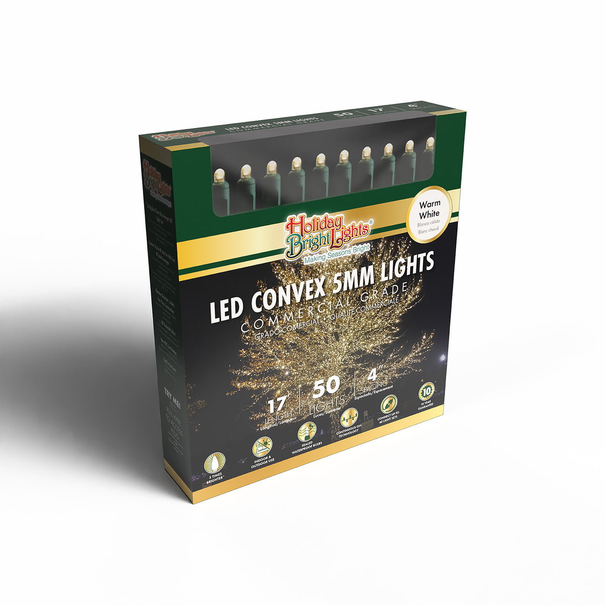 5MM Convex 50L Lights - 4" Spacing - Green Cord (Retail Box)