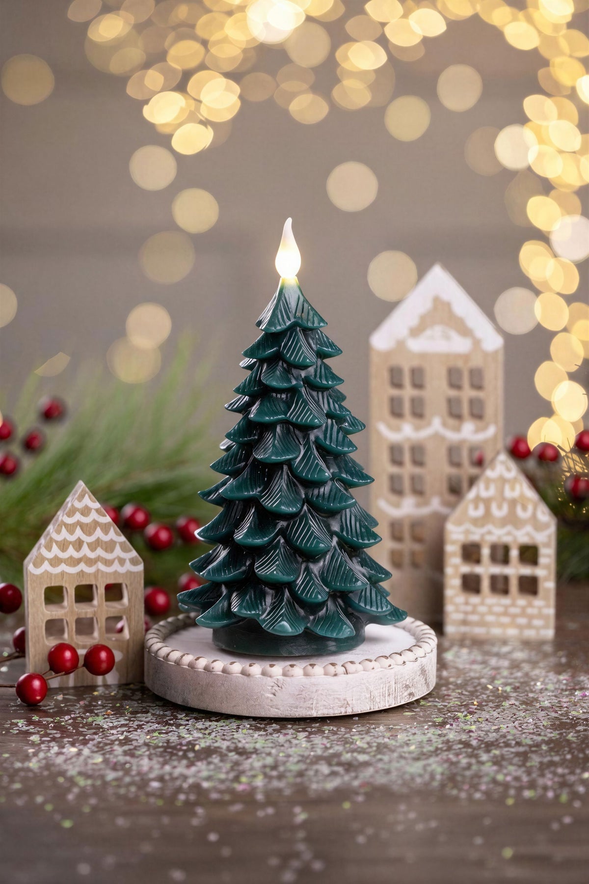 Battery Operated Hunter Green Tree Pillar Candles (Retail Box)
