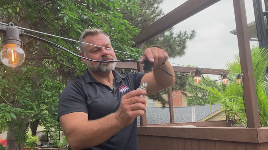 Load video: G50 LED Smooth Transparent w/ E26 Base Bulbs (Retail Box)
